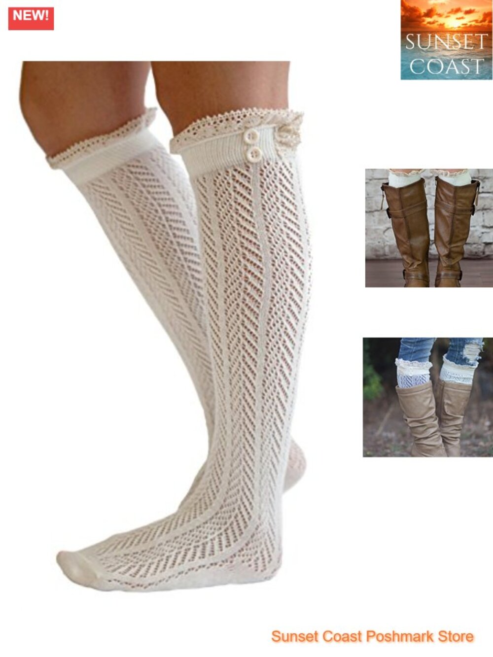 Button Boot Socks Lace Trim Knee High Cotton Slouch Socks